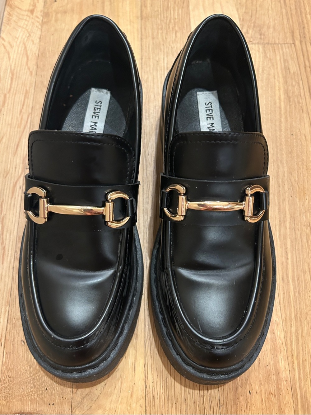 Steve Madden Black Leather Loafers with Gold Bit